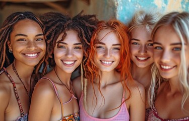 Fototapeta premium Hanging out on the city street, a bunch of female pals enjoying the day together. Seven youthful, multicultural women cuddling while lounging outside
