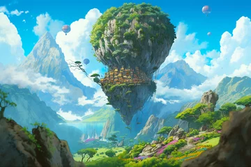 Raamstickers Fantasy Luftschiff aus einem Felsen über einer Gebirgslandschaft im Anime Manga Stil © paganin