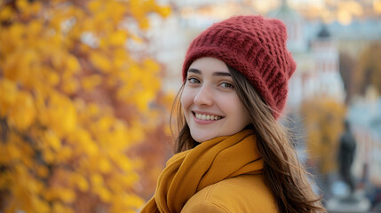 Russian Woman with Autumn City Backdrop Smile