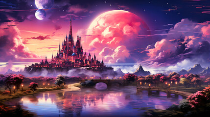 Otherworldly Fantasy Landscape: Moonlit Planet with Alien Architecture, Mountains, and Enchanting Sky.