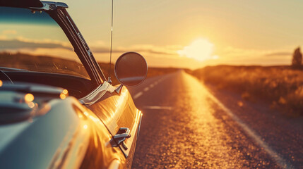 classic car's rearview mirror reflecting an open road stretching into the horizon, the sun setting in the background, creating a play of light and shadow on the asphalt - Powered by Adobe