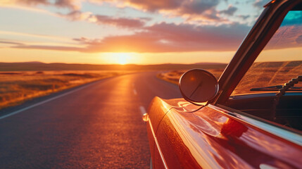 classic car's rearview mirror reflecting an open road stretching into the horizon, the sun setting in the background, creating a play of light and shadow on the asphalt