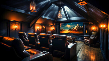 Vintage Home Theater: Cozy Room with Dark Tones, Comfortable Seating, and Classic Film Equipment.