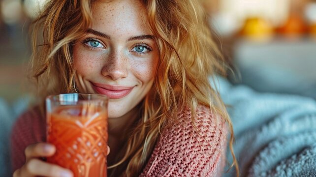 Content young lady at home sipping tomato juice on the couch. Welfare and a healthy way of living