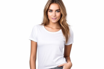 Fototapeta premium Woman in White Tshirt Mockup created with Generative AI