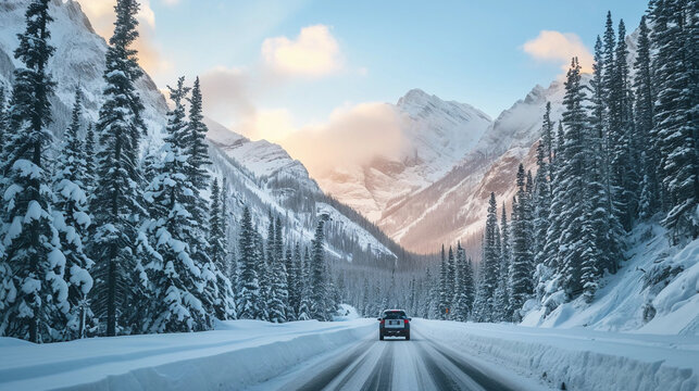 SUV driving through a snowy mountain pass, towering pine trees covered in snow, the road curving ahead, the sun setting behind the mountains, creating a serene, wintry atmosphere