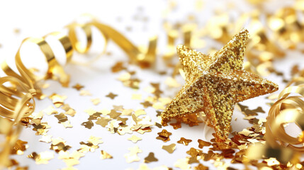 Fototapeta na wymiar Gold Starfish on Pile of Confetti