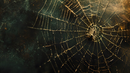 Intricate Weavings: Close-Up of a Spider Web Against a Dark Canvas. Web design background texture