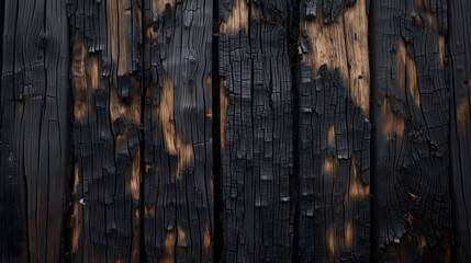 Charred Wood Planks Background with Burnt Black Textures and Imperfections for Designs