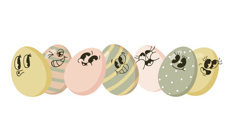 Cute eggs with different characters. Eggs with faces. Funny Easter eggs with different facial expressions. Vector illustration