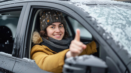 Woman Giving Thumbs Up in Car