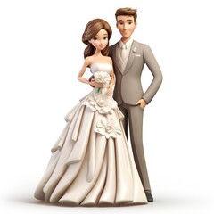 Fototapeta na wymiar 3d Wedding couple. A wife and a bride. Love. Wedding. White dress and suit. Figurine on the cake. Postcard. Invitational