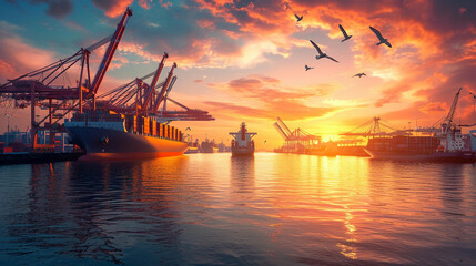 Fototapeta premium bustling dock with ships anchored, containers being loaded, and cranes in operation, during a vibrant sunset with seagulls flying overhead
