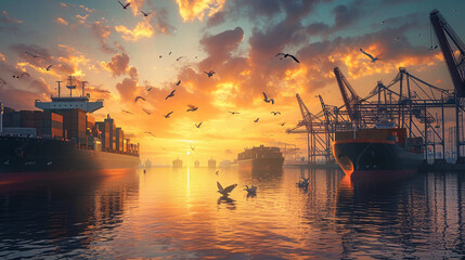 bustling dock with ships anchored, containers being loaded, and cranes in operation, during a vibrant sunset with seagulls flying overhead