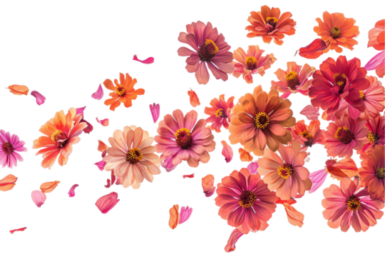 some flower zinnia petals flew isolated on white background - Powered by Adobe