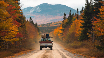 old pickup truck filled with camping gear driving down a dirt road surrounded by autumn-colored trees, leaves falling, a distant mountain range visible, a crisp and clear fall day - obrazy, fototapety, plakaty
