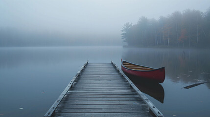 Obraz premium deserted wooden dock extending into a still lake, surrounded by dense fog in the early morning, with a canoe resting beside