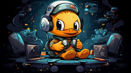 Cute small duck gamer illustration