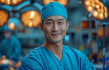 A hospital operating room features a portrait of a masculine Asian surgeon performing surgery.
