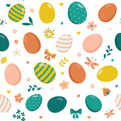 Vector seamless pattern of a color eggs. Illustration of easter decorative eggs background textile or wrapping. Traditional easter ornament. Happy easter. Hand-drawn. Vector illustration.