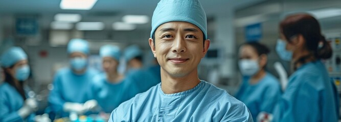 A hospital operating room features a portrait of a masculine Asian surgeon performing surgery. - Powered by Adobe