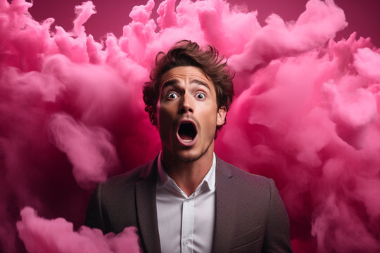 A man conveying a mix of emotions, from curiosity to surprise, against a dynamic pink monochrome background.