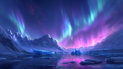An Arctic wonderland adorned with shimmering icebergs, as the northern lights dance above, painting...