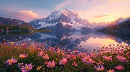 A crystal-clear mountain lake reflecting towering snow-capped peaks, embraced by vibrant wildflowers under a golden sunset. 
