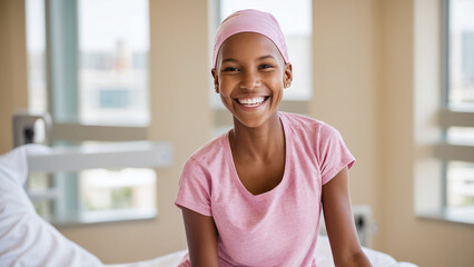 cancer, portrait of happy young woman in hospital, headscarf, world cancer day , cancer survivor, fighting cancer ,african girl