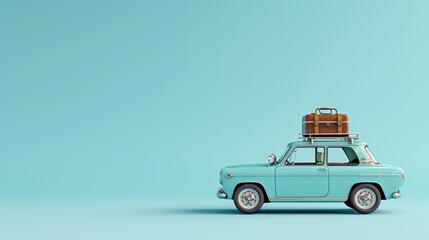  photo of light blue car with luggage ready for summer holidays panoramic image with copy space.