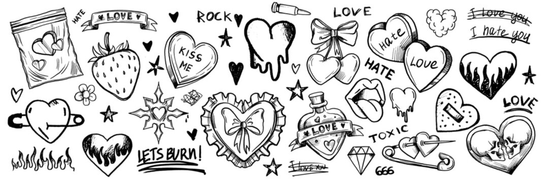 Doodle love grunge rock set, vector graffiti groovy punk heart print kit, emo gothic hand drawn sign. Marker scribble sticker, crayon wax paint collage icon, lips. Romantic Valentine Day heart doodle
