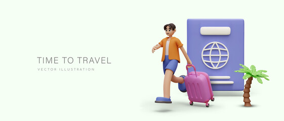 Time to travel. Male character runs with suitcase. 3D giant passport, palm tree on yellow background. Concept of modern tourism. Vacation at resort. Voyage to other countries, sightseeing