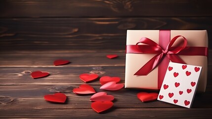 Valentines day mockup. Red heart, paper card and gift on wooden table.
