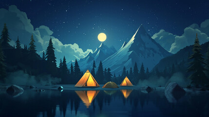 A camping site in the nature at night