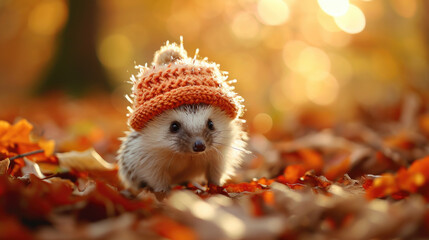 Obraz premium Hedge with Knitted Hat in Pile of Leaves
