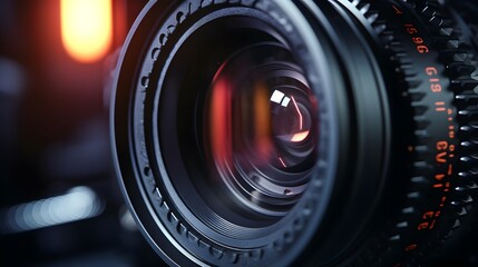 Video camera lens close up. 21 to 9 aspect ratio - obrazy, fototapety, plakaty