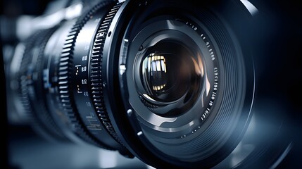 Video camera lens close up. 21 to 9 aspect ratio
