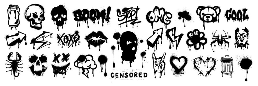 Street spray graffiti element set, sticker kit balaclava, vector grunge etro urban ghetto print. Gangster tattoo kit, underground can hip-hop sign, heart, skull silhouette, arrow. Street graffiti