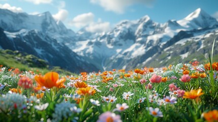 A pristine alpine meadow dotted with vibrant alpine flowers, surrounded by snow-capped peaks, offering a breathtaking glimpse of high-altitude beauty. - obrazy, fototapety, plakaty