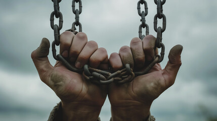 Hands in chains,  Person raises hands with steel chains, Ai generated image