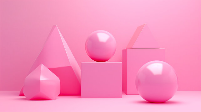 Pink polish on white background, 3d monochrome pink and blue illustration, Pink platonic shapes with a pink ball on a pink background, Ai generated image
