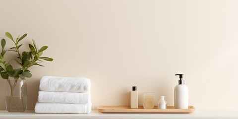 Beige bathroom with white shelf, towels, soap, perfume, hairbrush, plant. Mockup for text. Minimalistic design.