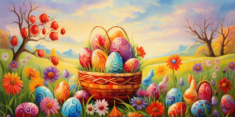 Obraz na płótnie Canvas Easter basket with eggs on grass, full figure, bright colors, bright spring background.
