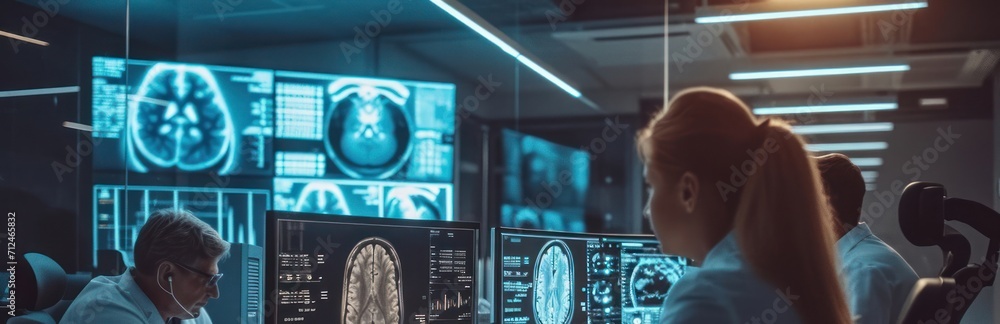 Poster group of people reviewing computer screen with medical results generative ai