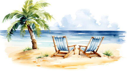 Tropical Beach Watercolor with Palm Tree and Deck Chairs