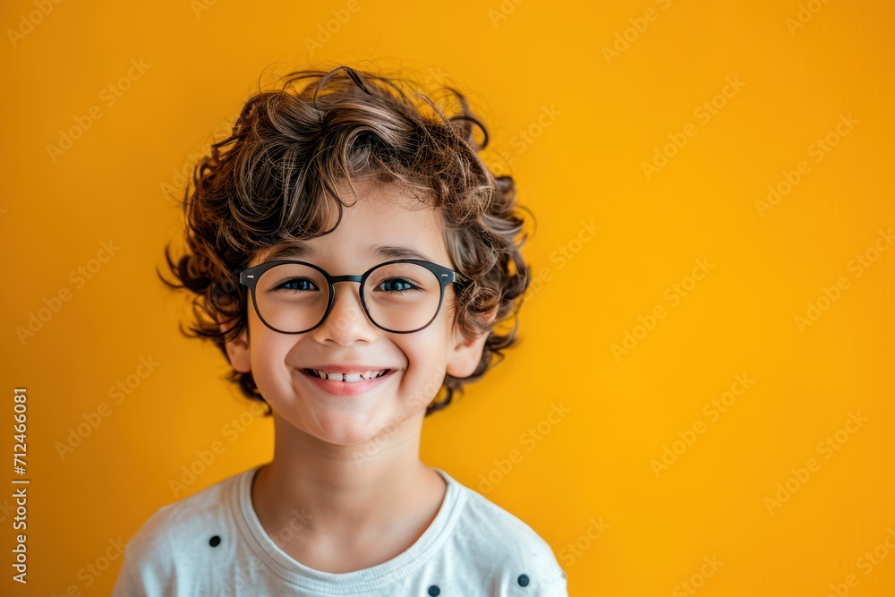 Wall mural cheerful young boy wearing glasses and beaming with happiness