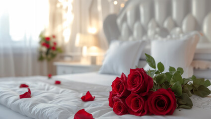 A clean white designed bedroom with a centerpiece of a red rose bouquet. Valentine's Day background wallpaper