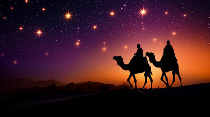 Silhouette of a horse and rider, Wolf howling at sunset, Silhouette of Three wise men riding a camel along the star path, Ai generated image