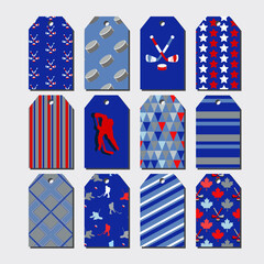 Hockey paper tags. Tag template design, sports store product tags, ice hockey drawn elements. Set of vector illustrations.