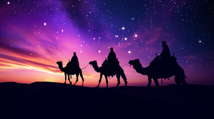 Wolf howling at sunset, Silhouette of Three wise men riding a camel along the star path, Ai...